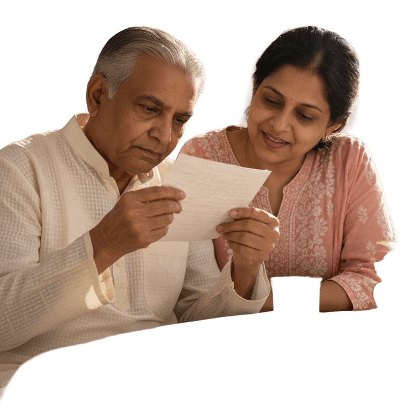 A daughter helping her father read a letter