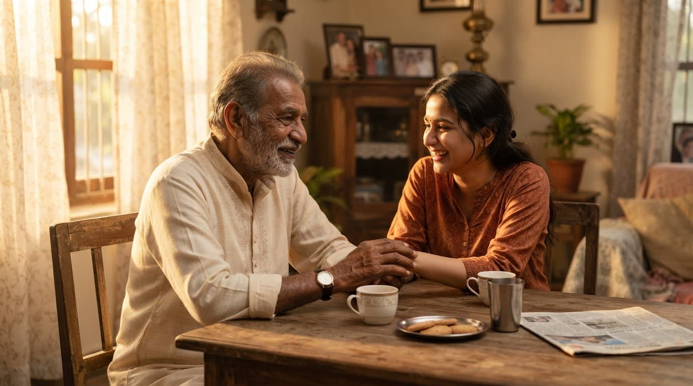 A volunteer talking with an elderly patient at home