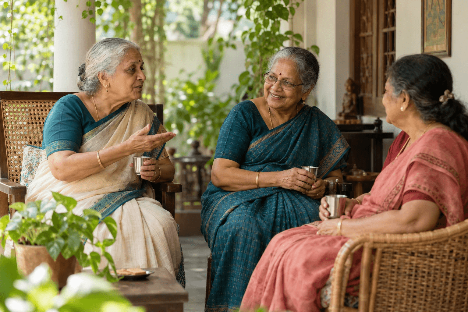 Three elderly women chatting over tea on a veranda