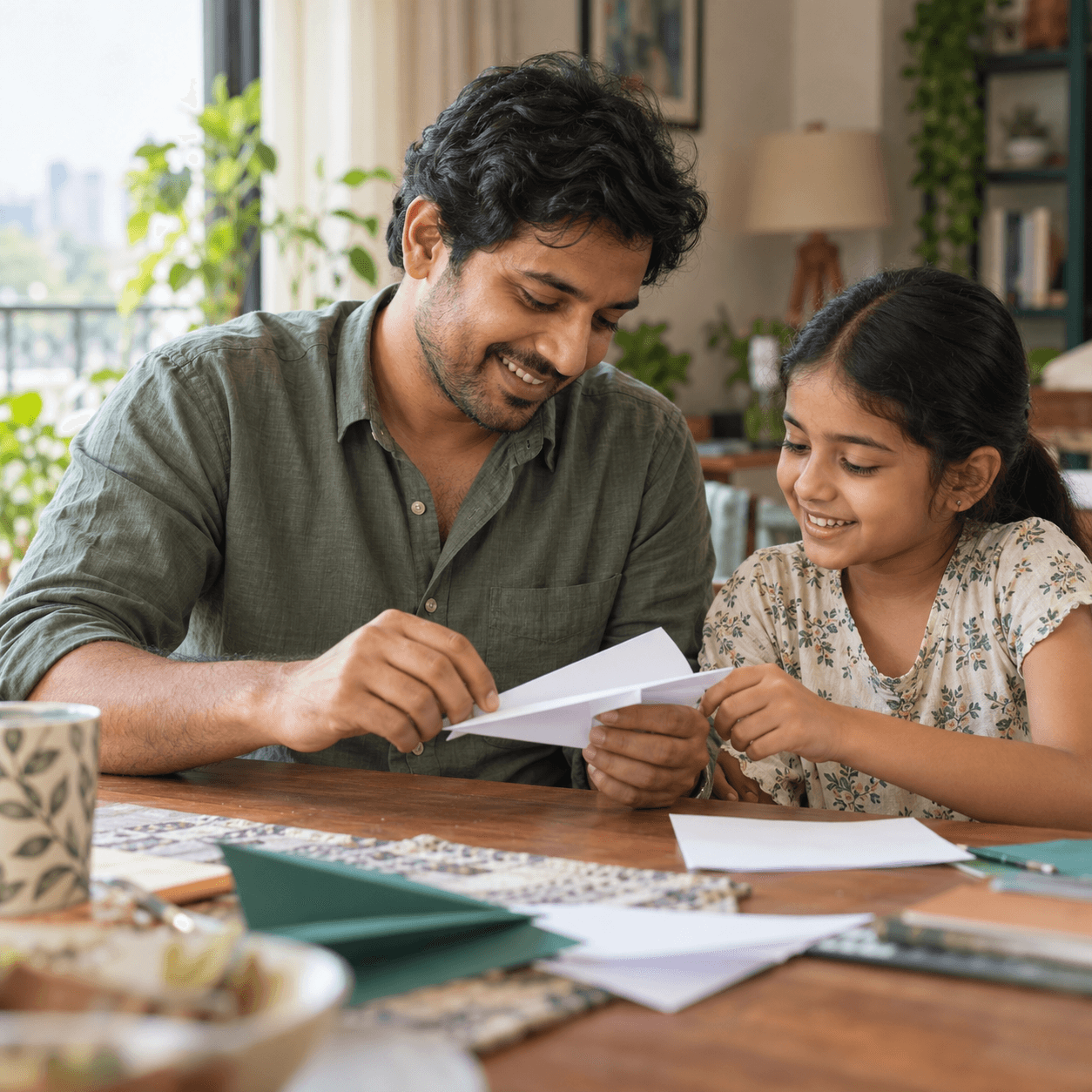 A father and daughter folding paper planes at home
