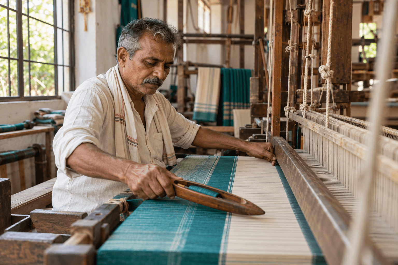 A weaver working at a handloom