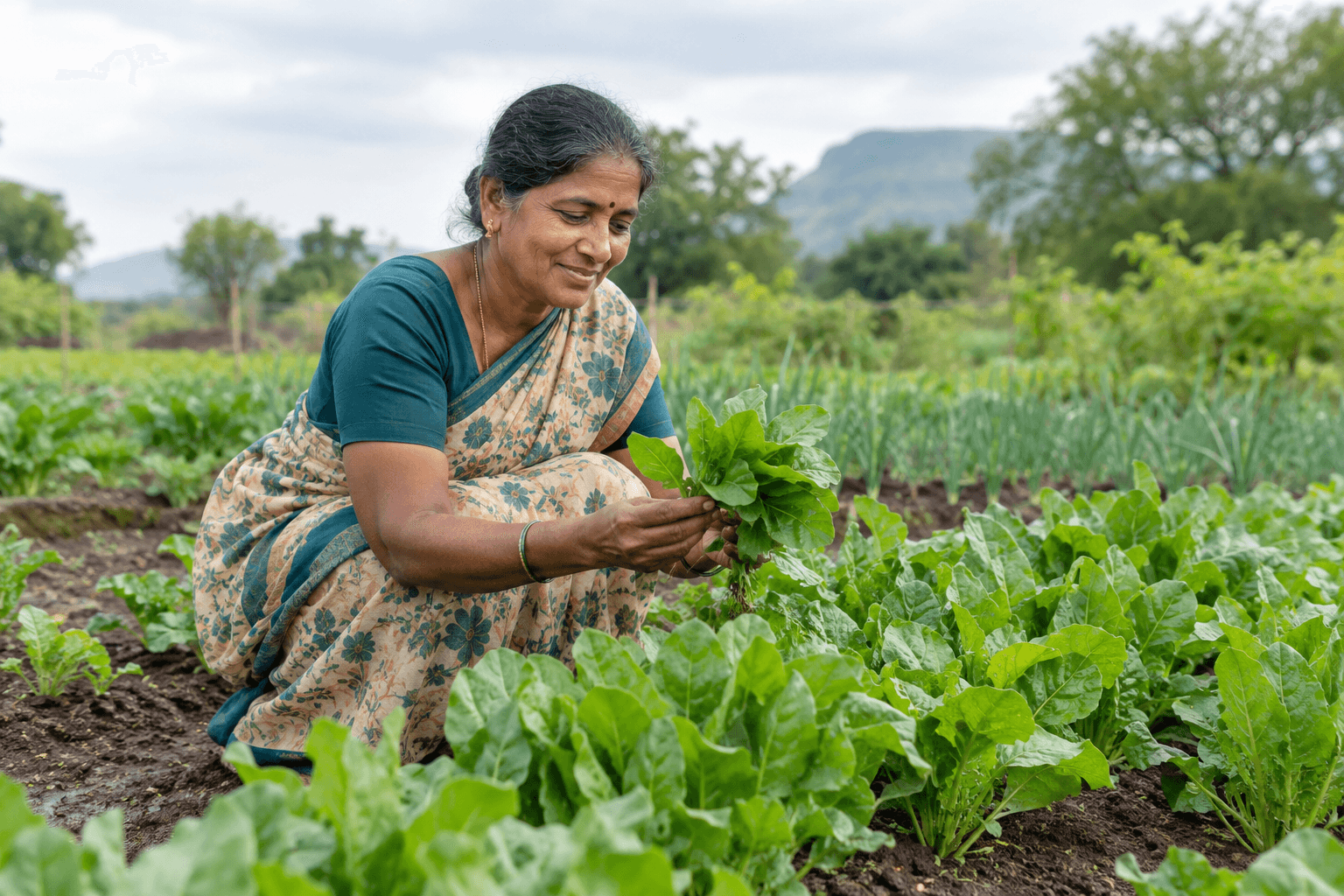 A woman harvesting vegetables in a small garden