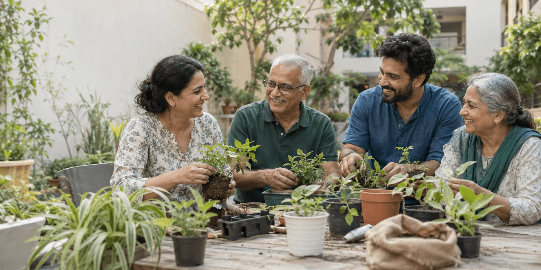 Four people potting plants together at an outdoor table
